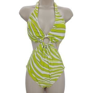 Michael Kors womans size 6 Printed O Ring Cutout One Piece Swimsuit Limeade NEW